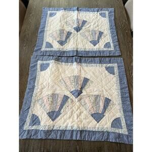 VTG Quilted Patchwork Pillow Shams Set Of 2 Hand Stitched Queen Fan Print